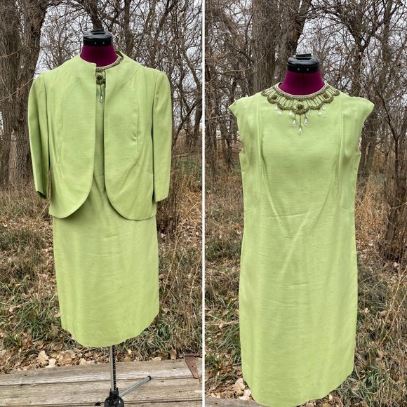 Vintage 1960s Lime Green Nubbed Silk Dress Jacket Beaded Collar L - Picture 1 of 16